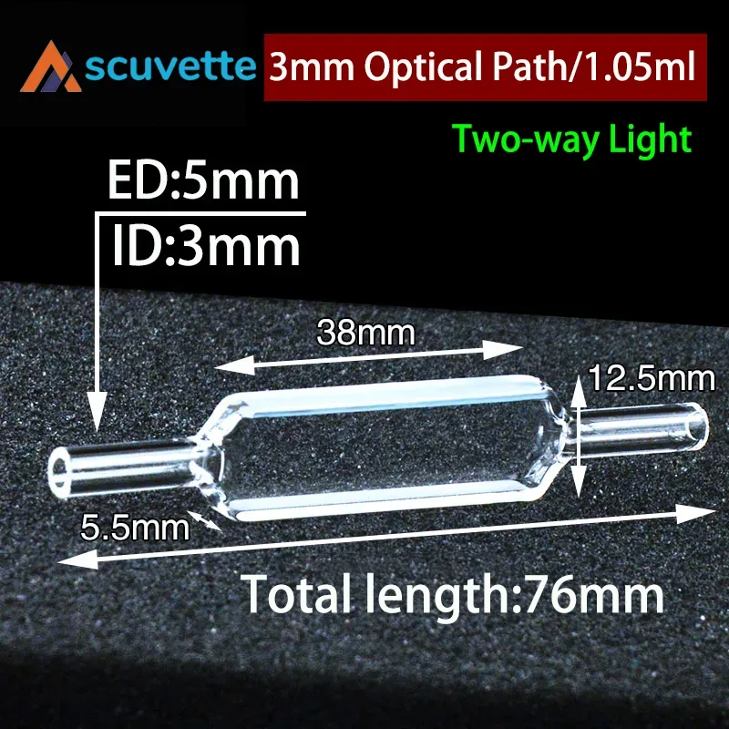 3mm Quartz Flow Cuvette, Two Ends Open, 1.05mL, 5mm Tube, for UV Spectrophotometer HPLC FIA