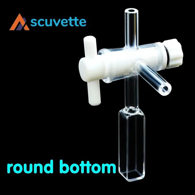 10mm Quartz Flow Cuvette with 3-Port PTFE Valve, 3.5mL Round Bottom, 4-Port Light, 8mm Tube, M10 Thread, Fully Sealed