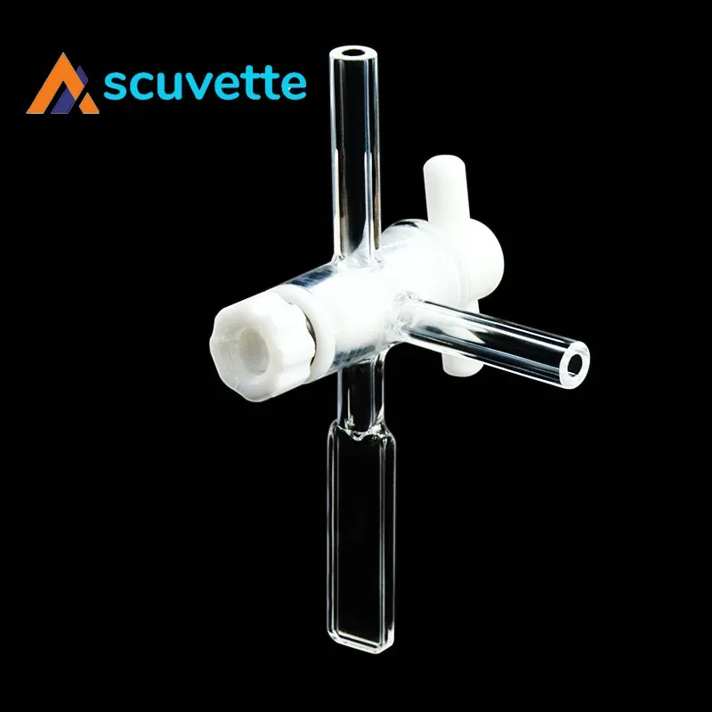 1mm Quartz Flow Cuvette with 3-Port PTFE Valve, 350µL, 4-Port Light, 8mm Tube, M10 Thread, Fully Sealed