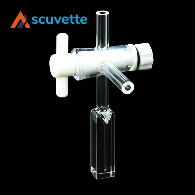 2mm Quartz Flow Cuvette with 3-Port PTFE Valve, 700µL Square Base, 4-Port Light, 2mm Slit, 8mm Tube, M10 Thread, Fully Sealed