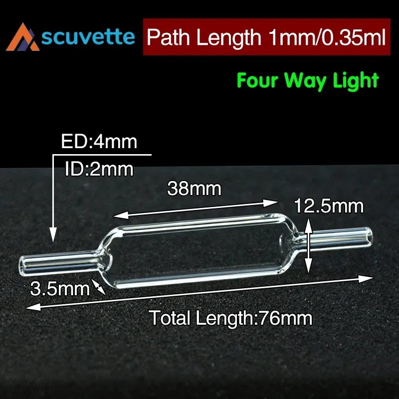 1mm Quartz Flow Cuvette, Four-Port, 0.35mL, 4mm Tube, for UV Spectrophotometer HPLC FIA