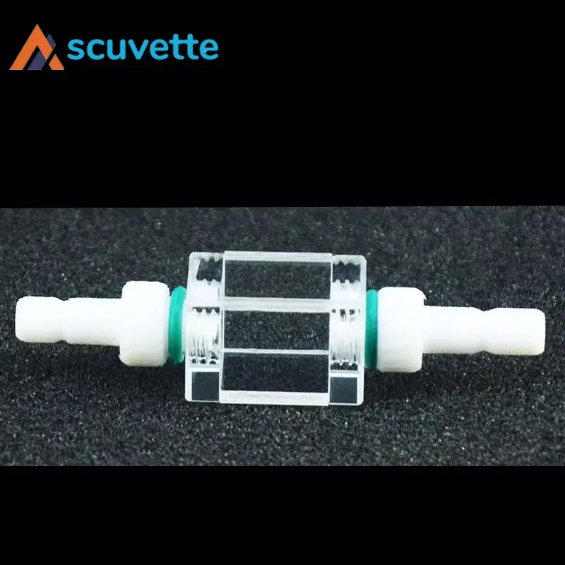 10mm Quartz Flow Cuvette, Detachable PTFE Connectors, Four-Port, 1mL, 54mm