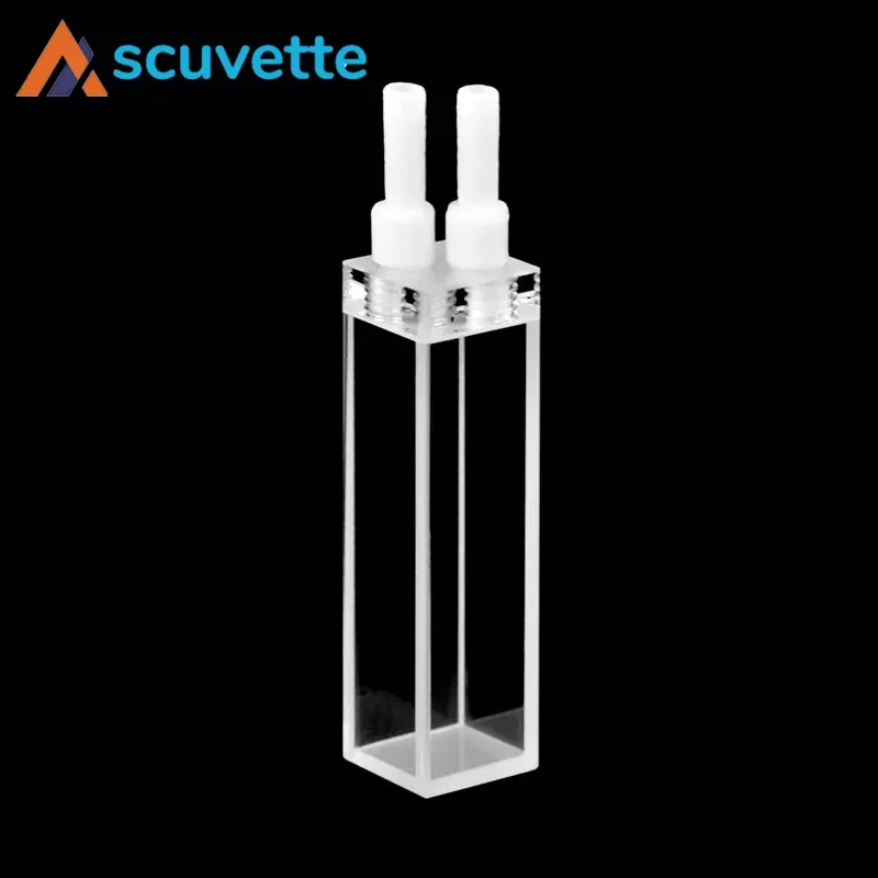 10mm Quartz Vertical Flow Cuvette, Four-Port, 3.5mL, 3.4mm Thread