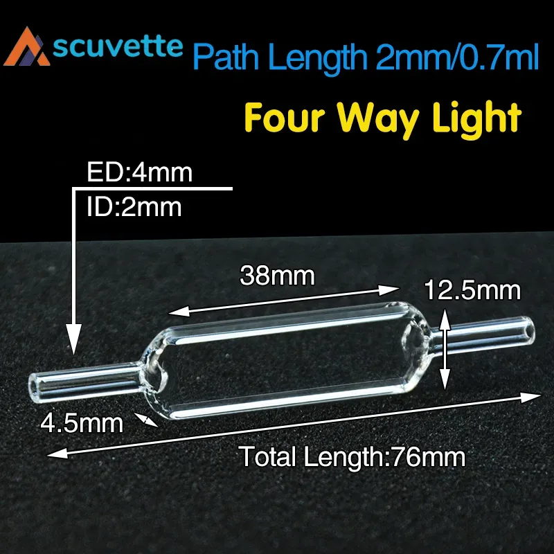 2mm Quartz Flow Cuvette, Four-Port, 0.7mL, 4mm Tube, for UV Spectrophotometer HPLC FIA
