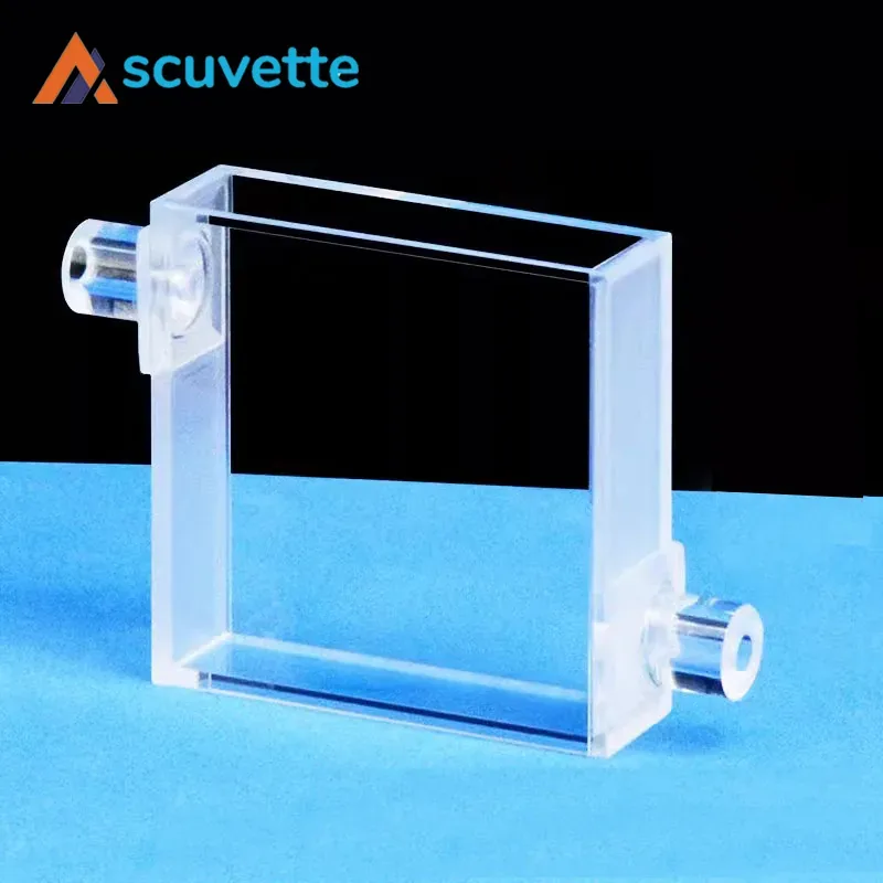 40mm × 10mm Quartz Flow Cuvette, Four-Port, 16mL, 8mm Tube, 1.5mm Wall