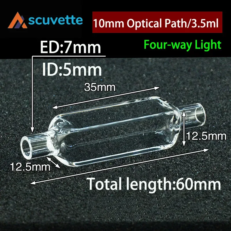 10mm Quartz Flow Cuvette, Four-Port, 3.5mL, 7mm Tube, for UV Spectrophotometer HPLC FIA