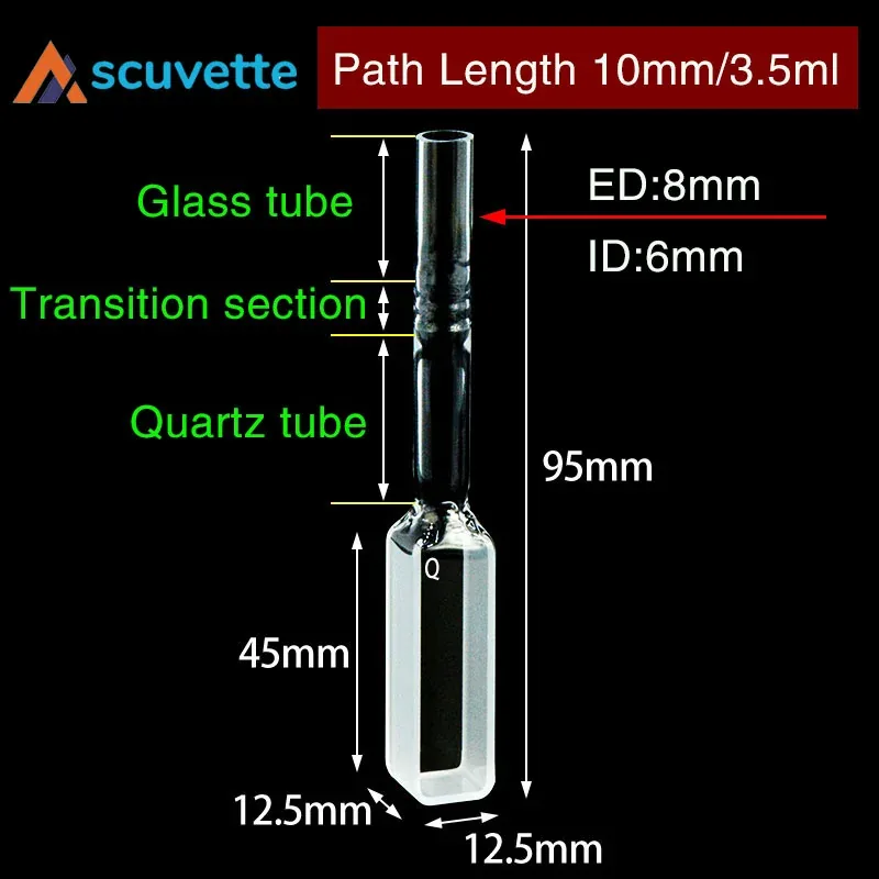 Quartz Tube Cuvette 10 mm 2-Port Light Path with Transition Tube 95 mm Length