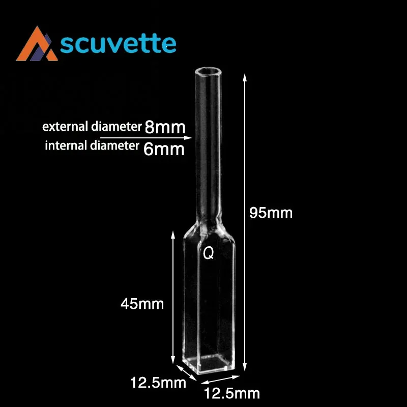 Quartz Tube Cuvette 10 mm 4-Port Light Path 95 mm Length dimensions