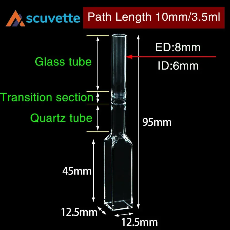 Quartz Tube Cuvette 10 mm 4-Port Light Path with Transition Tube 95 mm Length