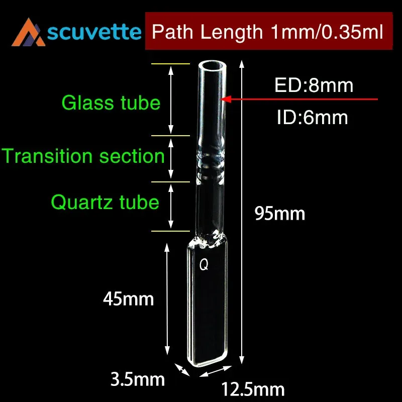 Quartz Tube Cuvette 1 mm 4-Port Light Path with Transition Tube 95 mm Length